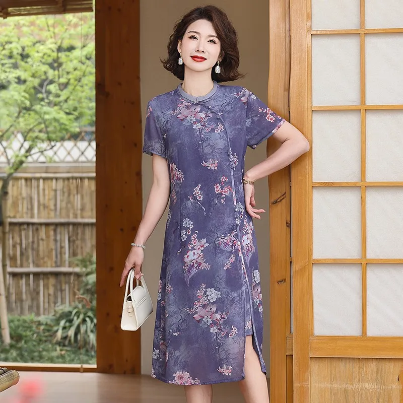 Vestido qipao tradicional de estilo chino para mujer, gasa diaria mejorada, estampado floral, cheongsam moderno