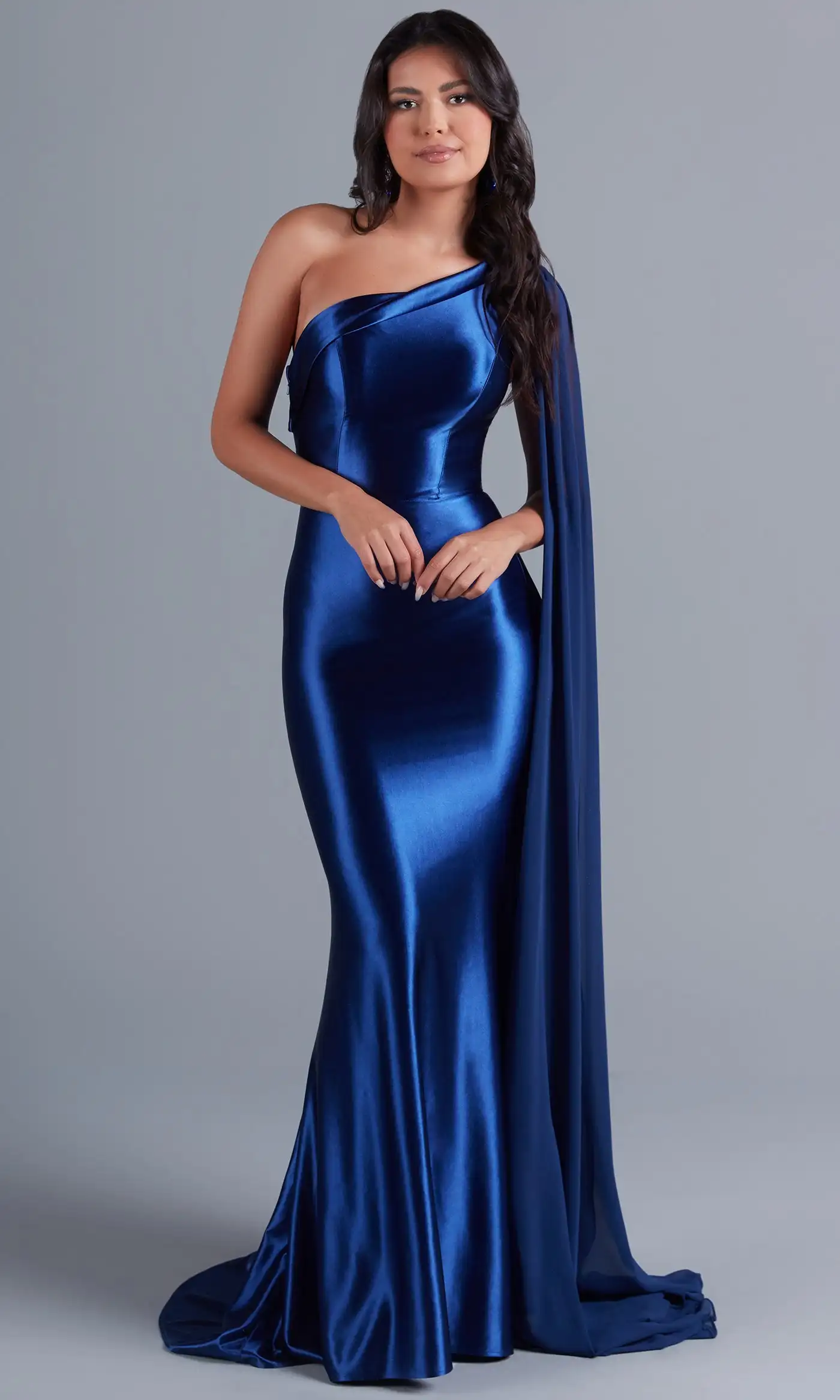 

Detachable Shoulder Cape Stretch Satin Prom Dress for Teens One Shoulder Long Form Fitting Formal Evening Party Gown فساتين سهرة