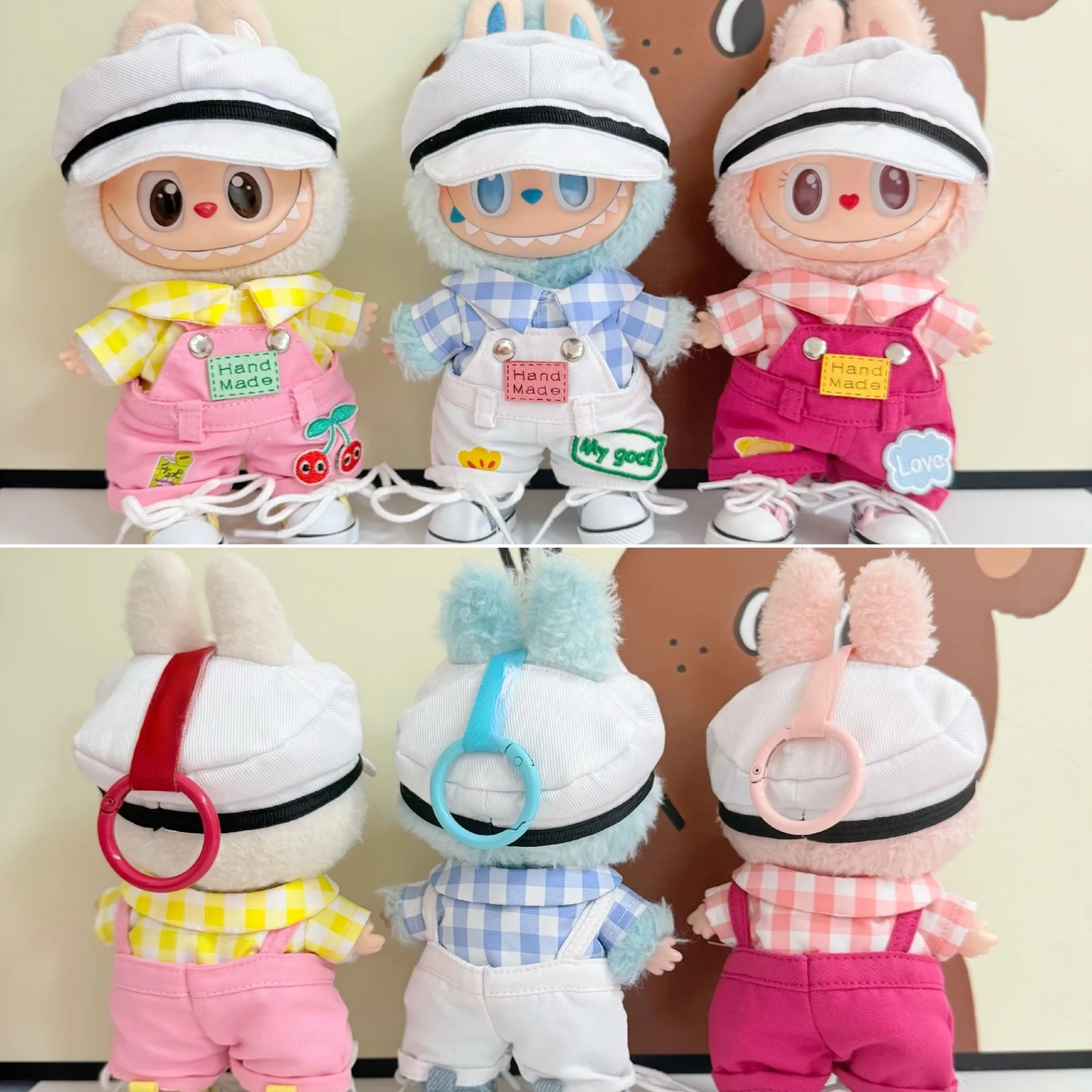 1世代～3世代のラビュブ用ドール服 15/17cm マルチカラーチェック柄シャツ サスペンダーパンツ 帽子セット – 漫画風遊び心のあるスタイルの衣装