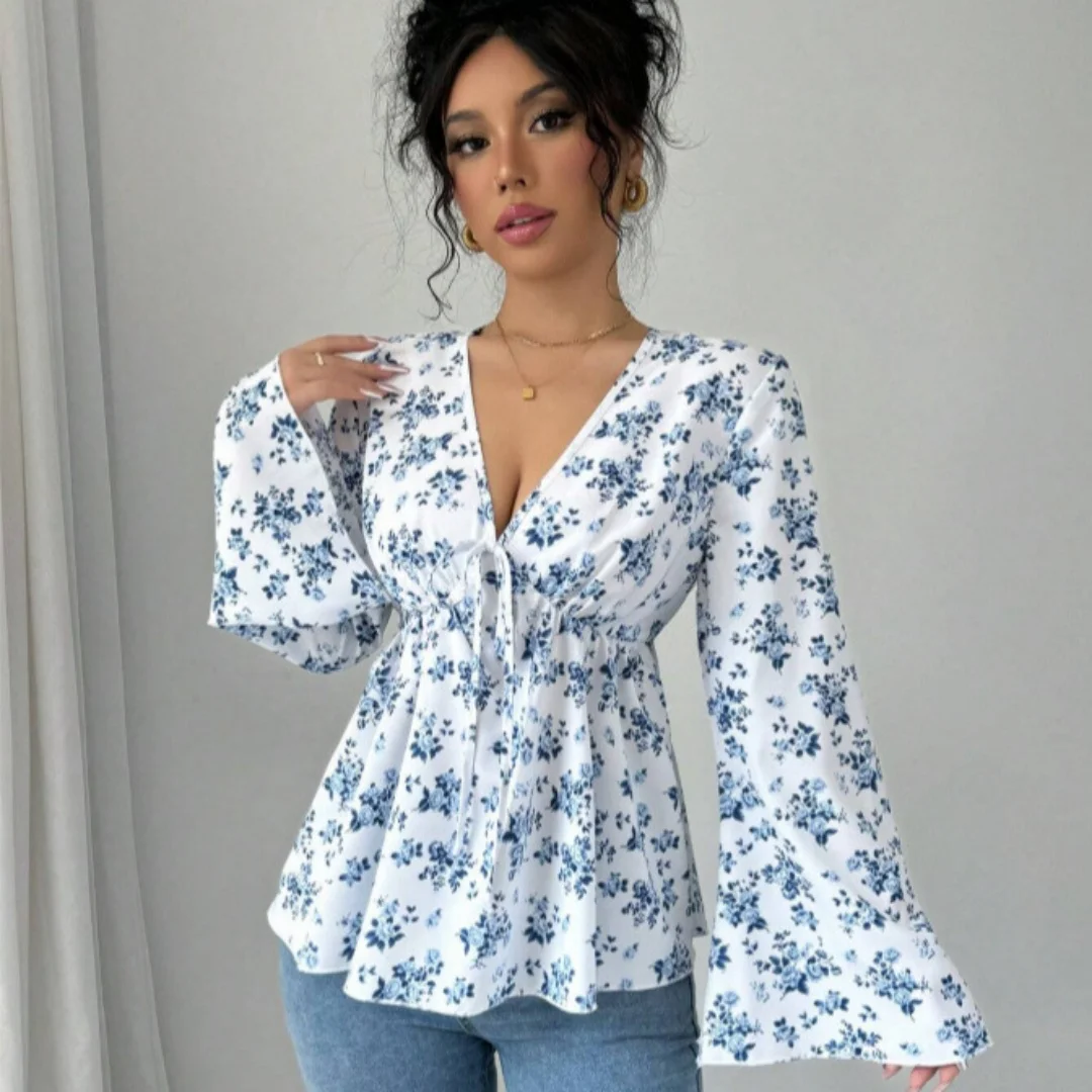 

Floral Print Blouse Deep V Neck Drawstring Waist Bell Sleeve Peplum Hem Long Sleeve Casual Tops for Woman Clothes