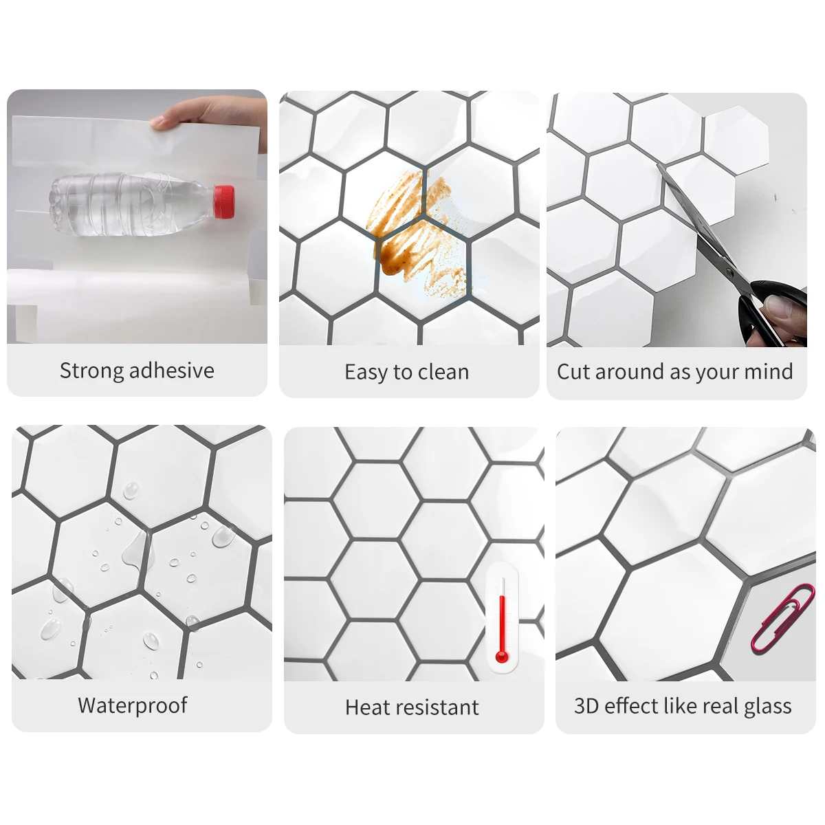 5 Sheets Large Hexagonal Self-Adhesive Kitchen Wall Tiles - Waterproof, Stain-Resistant, Easy to Peel and Replace