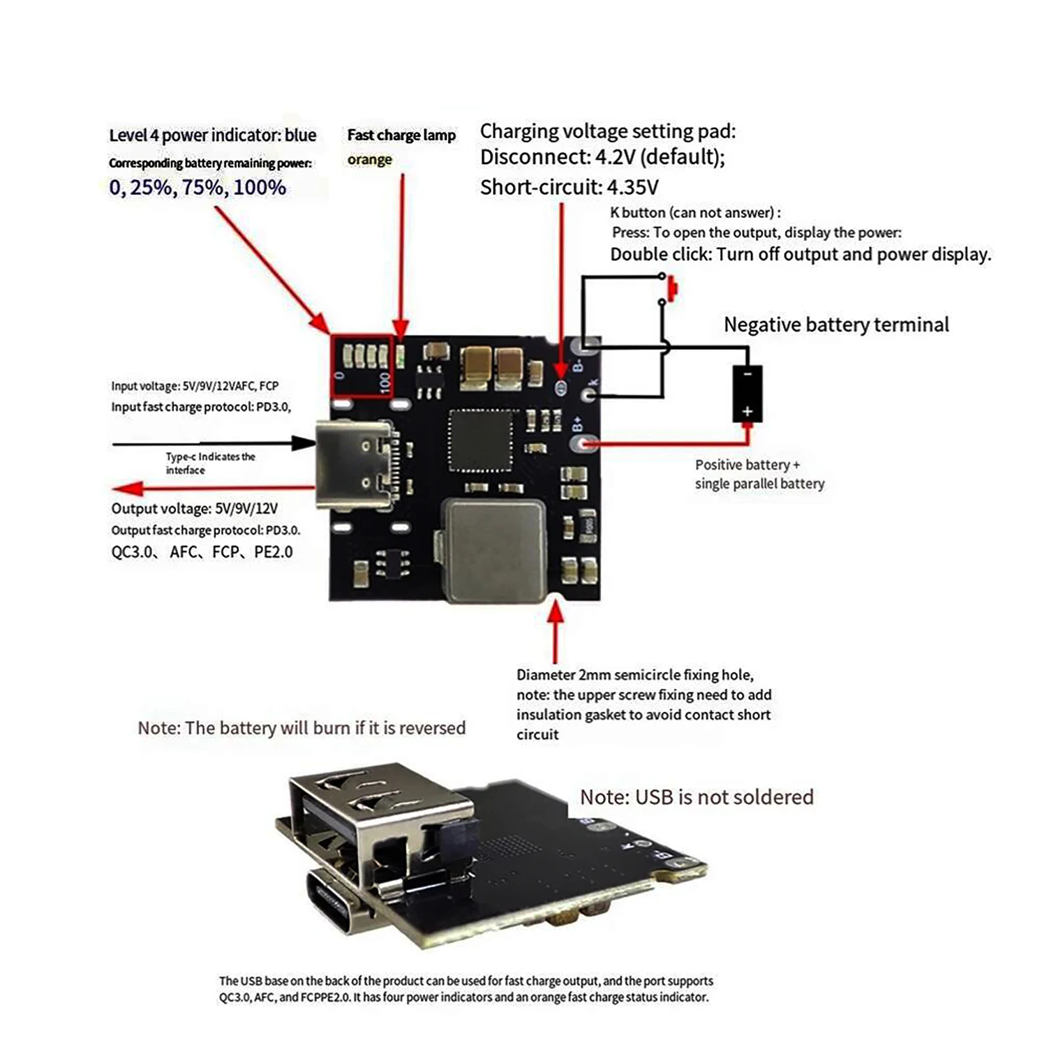 SW6106 4A 18W PD3.0 Fast Charging Module 1S 3.7V 4.2V Li-ion Lithium Battery Charge Discharge Board FOR USB Power Bank