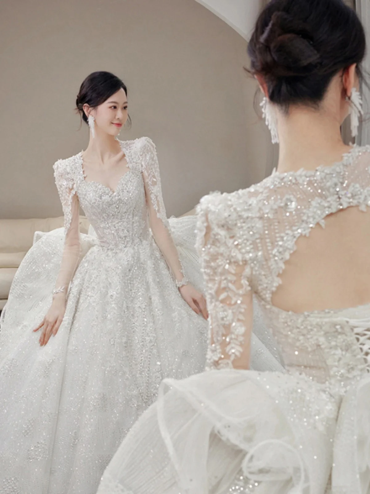 

Ele Long Sve Wedding Dr Main Gown Heavy Embroidery Luxury High Quali Net Fabric Floor Length Train Slimming for S...