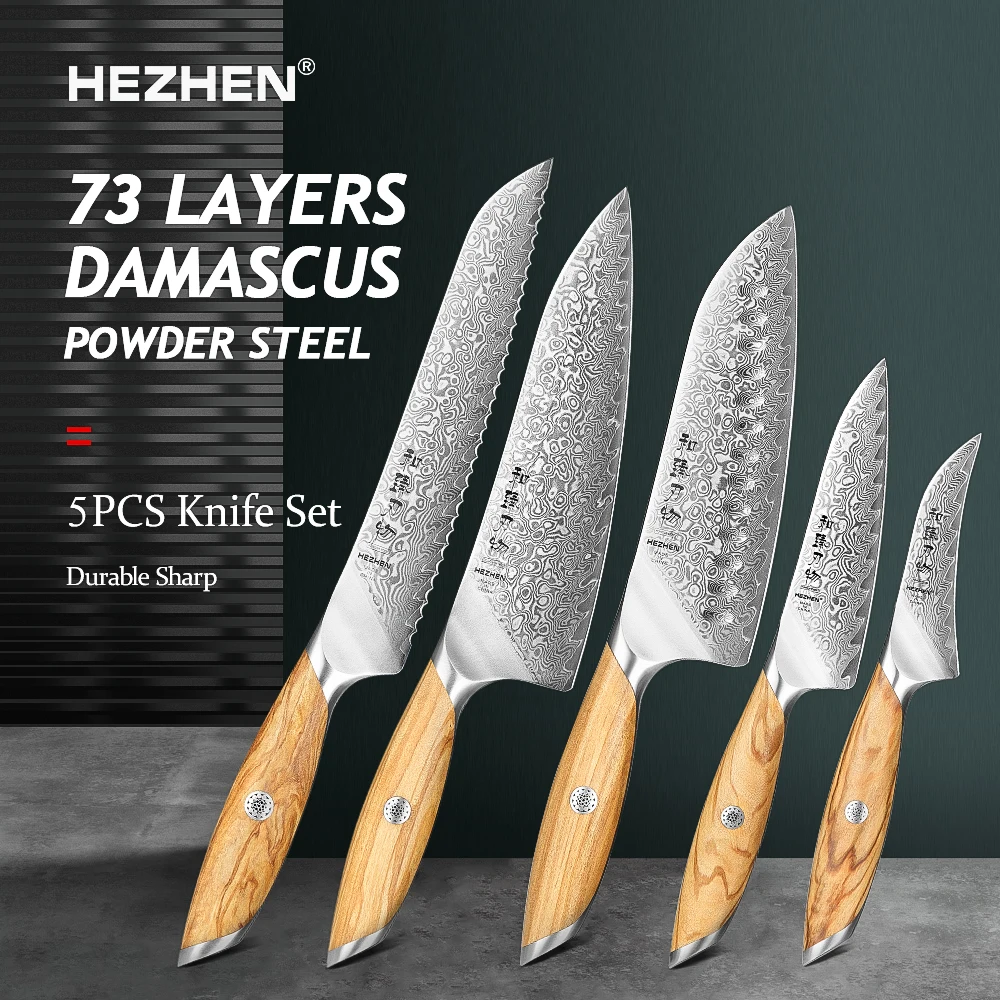 

HEZHEN 5PC Kitchen Knife Set 73 Layers Composite Damascus Steel Beautiful Gift Box Chef Utility Knives Olive Wood Handle