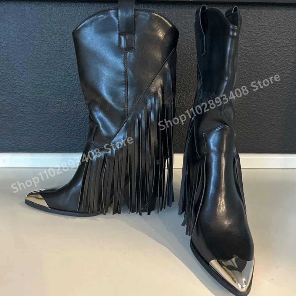 

Black Fringe Decor Short Boots Pointy Chunky High Heel Matte Leather Sexy Fashion Hot Girls Women Shoes 2025 New Para Mujere