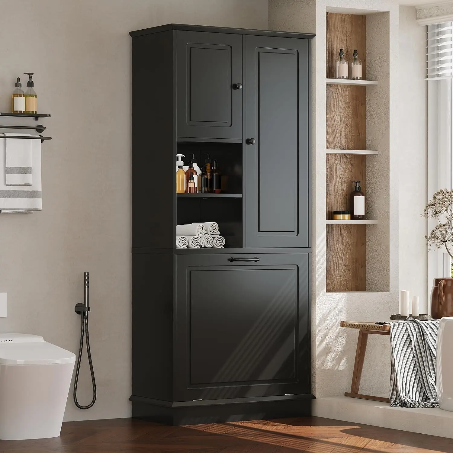 68" Tall Bathroom Storage Display Cabinet with 2 Doors & Built-In Laundry Hamper, Multi-Purpose Organizer with Adjustable Inner Shelf for Household Use Gray view 4