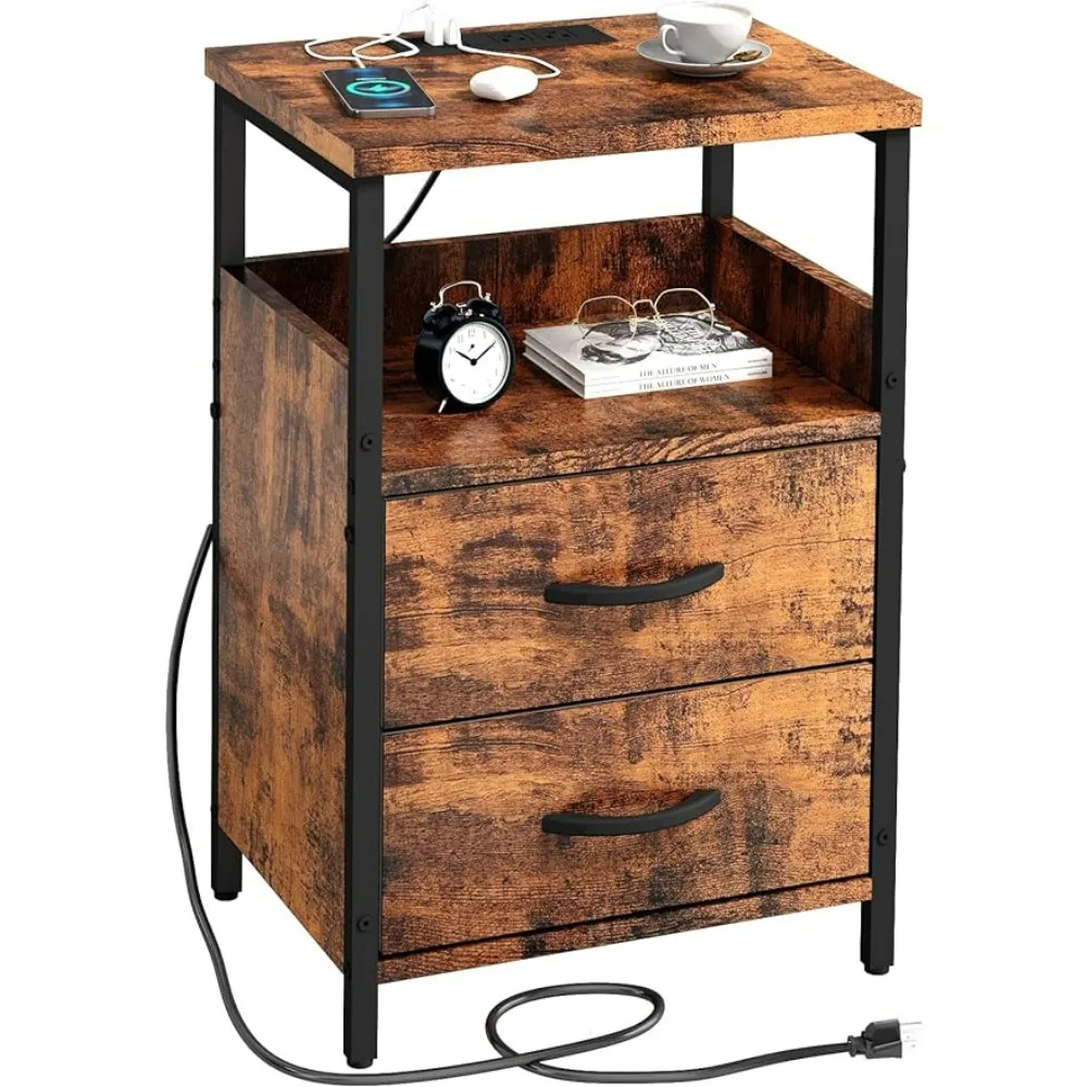 

Vintage Bedside Tables With USB Ports and Outlets for Living Room Nightstand With Fabric Drawer Bed Table Bedroom Home Furniture