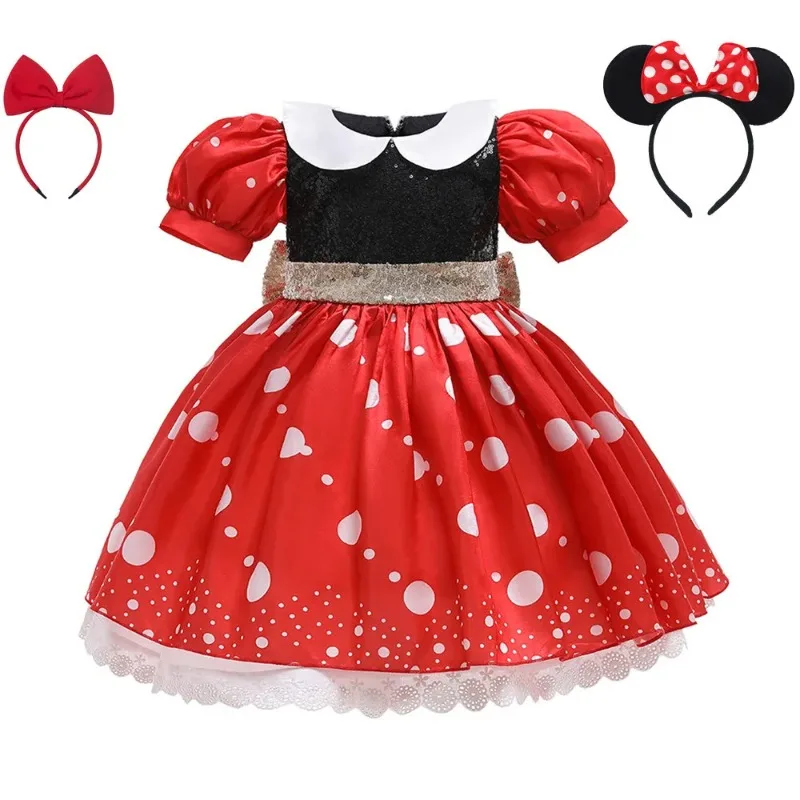 2024 New Mickey Mouse Dress for Girls Minnie Cartoon Clothes Headband Boys Cosplay Costumes Fancy Bow Tie Clothing Set