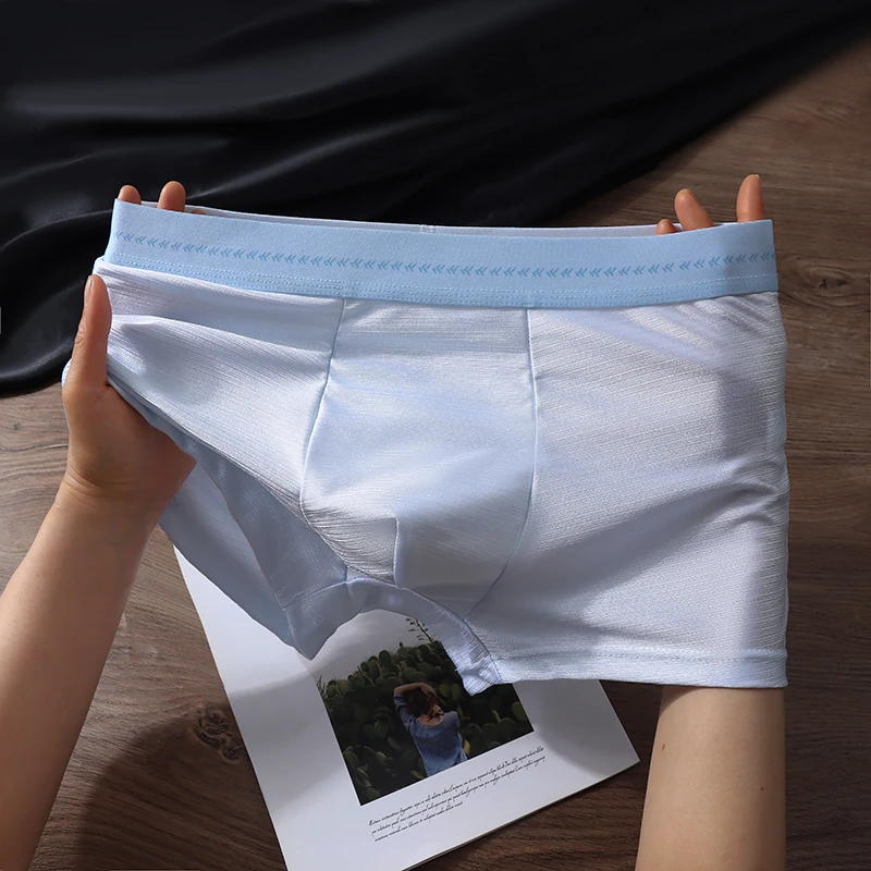 1Pcs Luxury Ice Silk Men's Boxer Briefs Double-layer Crotch Hygroscopic Breathable Satin-like Underwear for Men