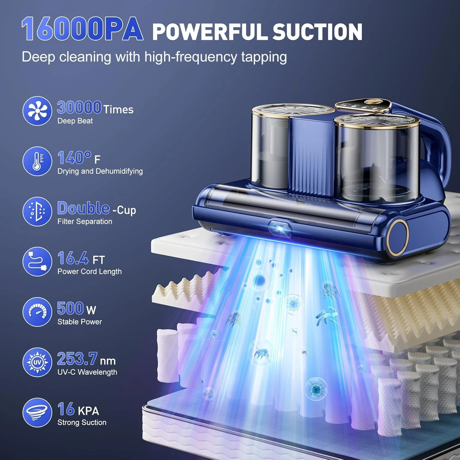 

Mattress Vacuum Cleaner, Bed Vacuum Cleaner with 16Kpa Suction 253.7nm UV-C Light, Ultrasonic & High Heating, 500W Powerful