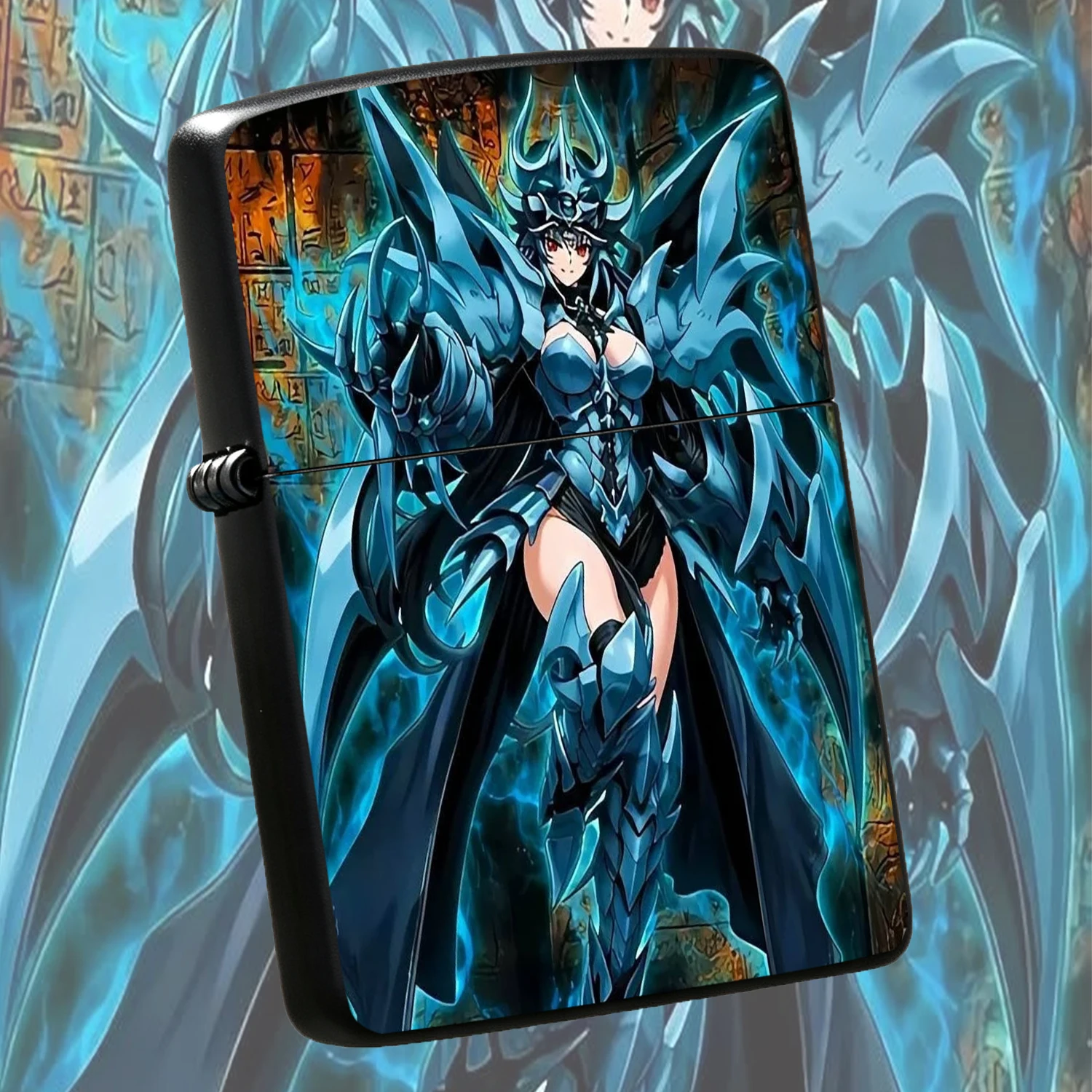 Trendy Blue Mecha Dragon Princess Themed  Cool Egyptian Hieroglyph Background Anime Armored Girl Creative Printed Ideal For Gifting Daily Use Desktop Decor For Anime Hobbyists A Fun And Humorous Lighter