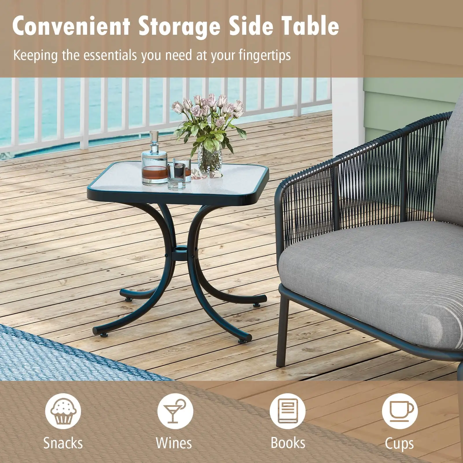 Patio Coffee Table End Table Outdoor Metal Square Side Table w/Tempered Glass Tabletop Black