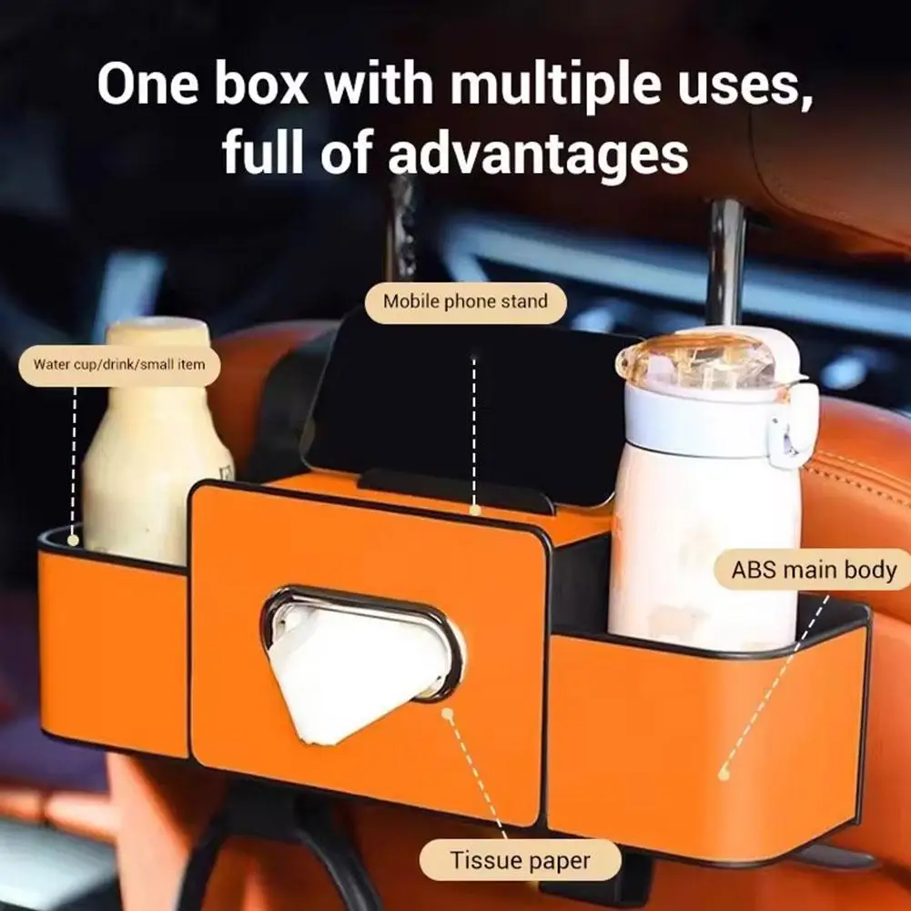 Immagine 5: Organizer Multifunzionale per Sedile Auto Arancione in ABS e Pelle con Portabicchieri e Dispenser per Fazzoletti Universale per Tutti i Veicoli