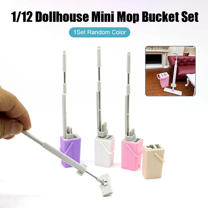 1/12 Dollhouse Miniature Mop With Bucket Kit Dollhouse Cleaning Tools Furniture Accessories Decor Toy Micro Scene Building Prop