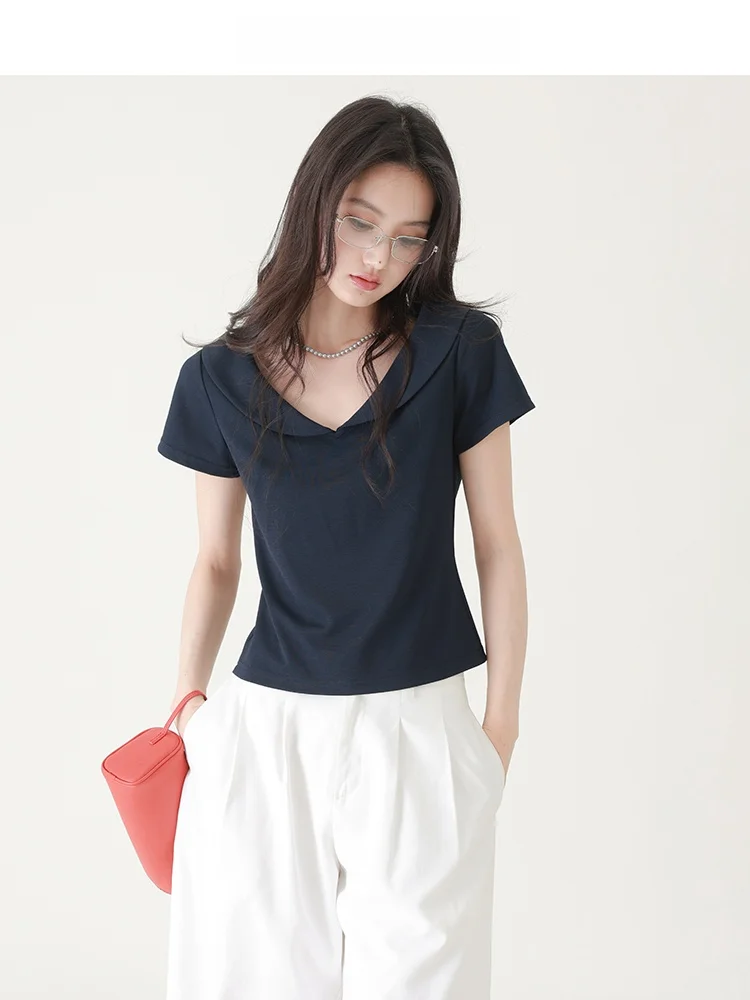 

CHACHASTU Women's Short Sleeve T-Shirt Design Sensation Shoulder Balance Sailor Collar All-Match Summer Slimming Overhead Top