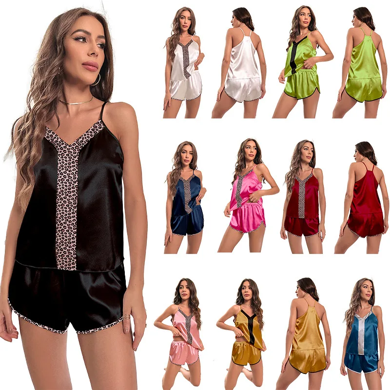 

Sexy Leopard Printed Women Strap Top Shorts Pajamas Home Clothes Summer Female Sleepwear Silky Satin Intimate Lingerie Pijamas