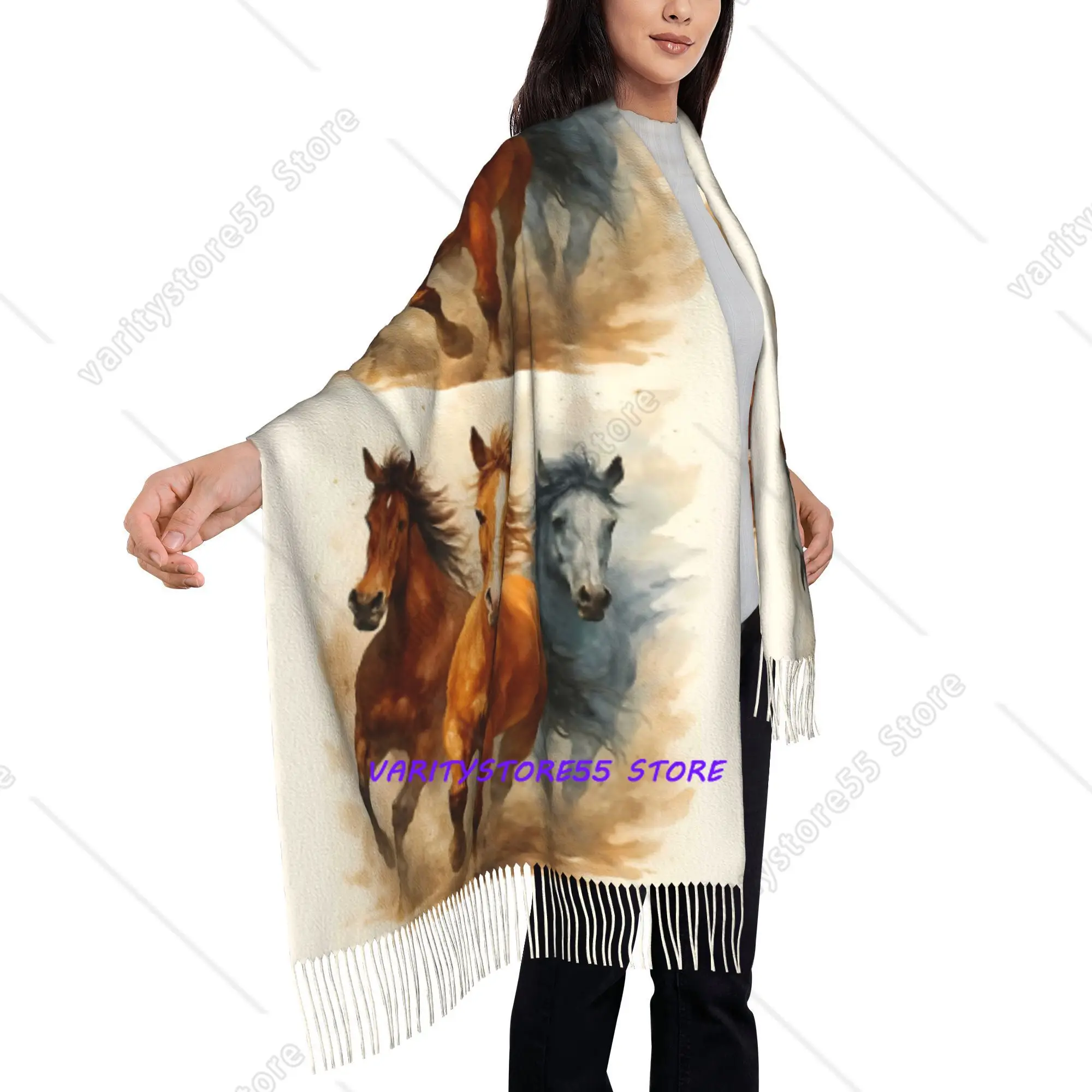 Wild Horses Watercolor Painting Unisex Four Seasons Style Fashionable Printed Tassel Fringed Scarf Suitable for Casual Dressing