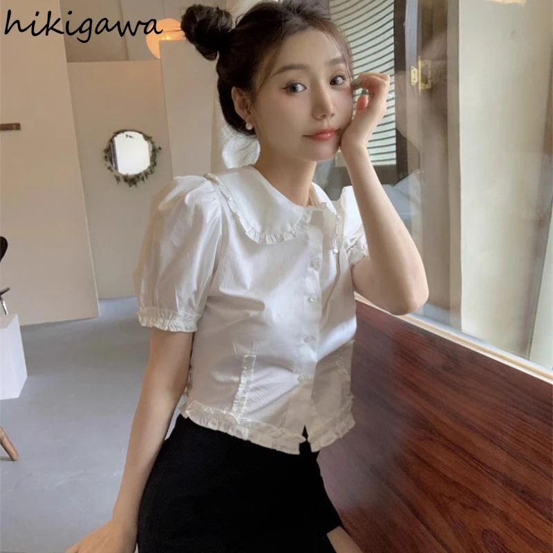 Sweet White Women Shirts Peter Pan Collar Puff Sleeve Tunic Blouses Crop Tops Ruffles Summer Blouse 2024 Blusas Mujer De Moda