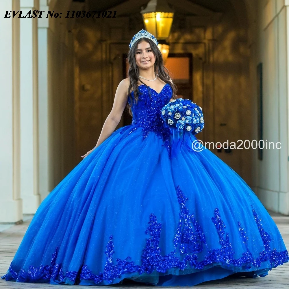 EVLAST New Royal Blue Quinnceanera Dress Ball Gown Lace Applique Beaded Crystal Mexico corsetto Sweet 16 Vestidos De 15 Anos SQ592