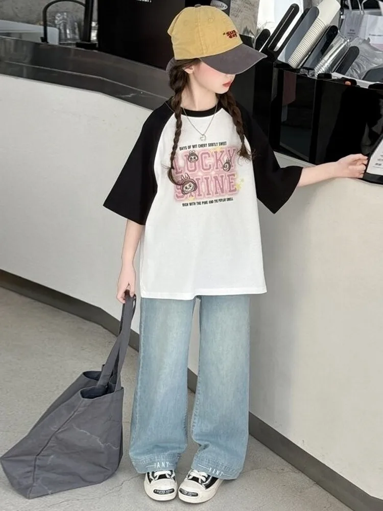 

Girls Summer ort Sve Casual Denim Two-Piece Set Cotton Long Pants Trendy Faionable T-irt And Jeans Ensemble