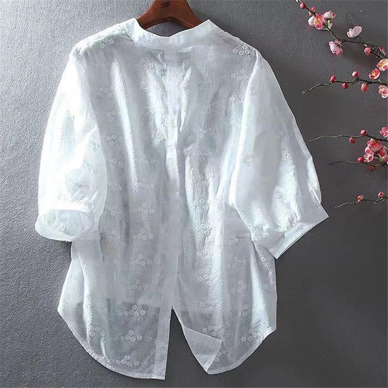 Vintage Fashion Embroidery Floral Irregular Cotton Shirts Summer Casual V-neck Half Sleeve Loose Top Blouse Women Blusas Clothes