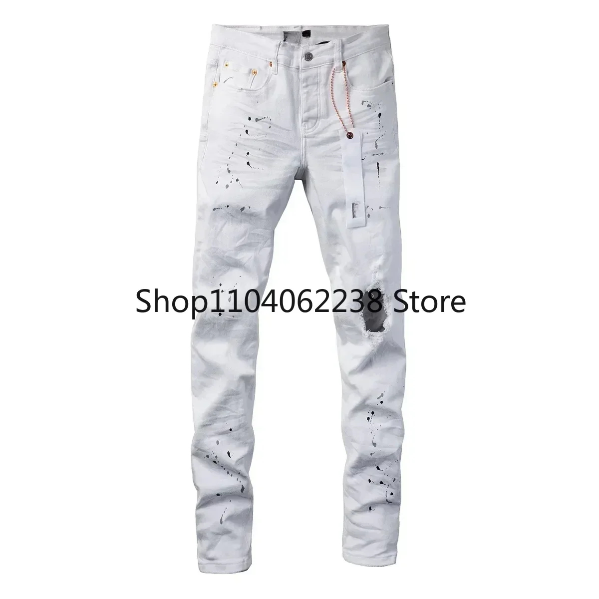 2024  Purples jeans Men Fashion top quality with High street white paint distressed Repair Low Rise Skinny Denim brand pants