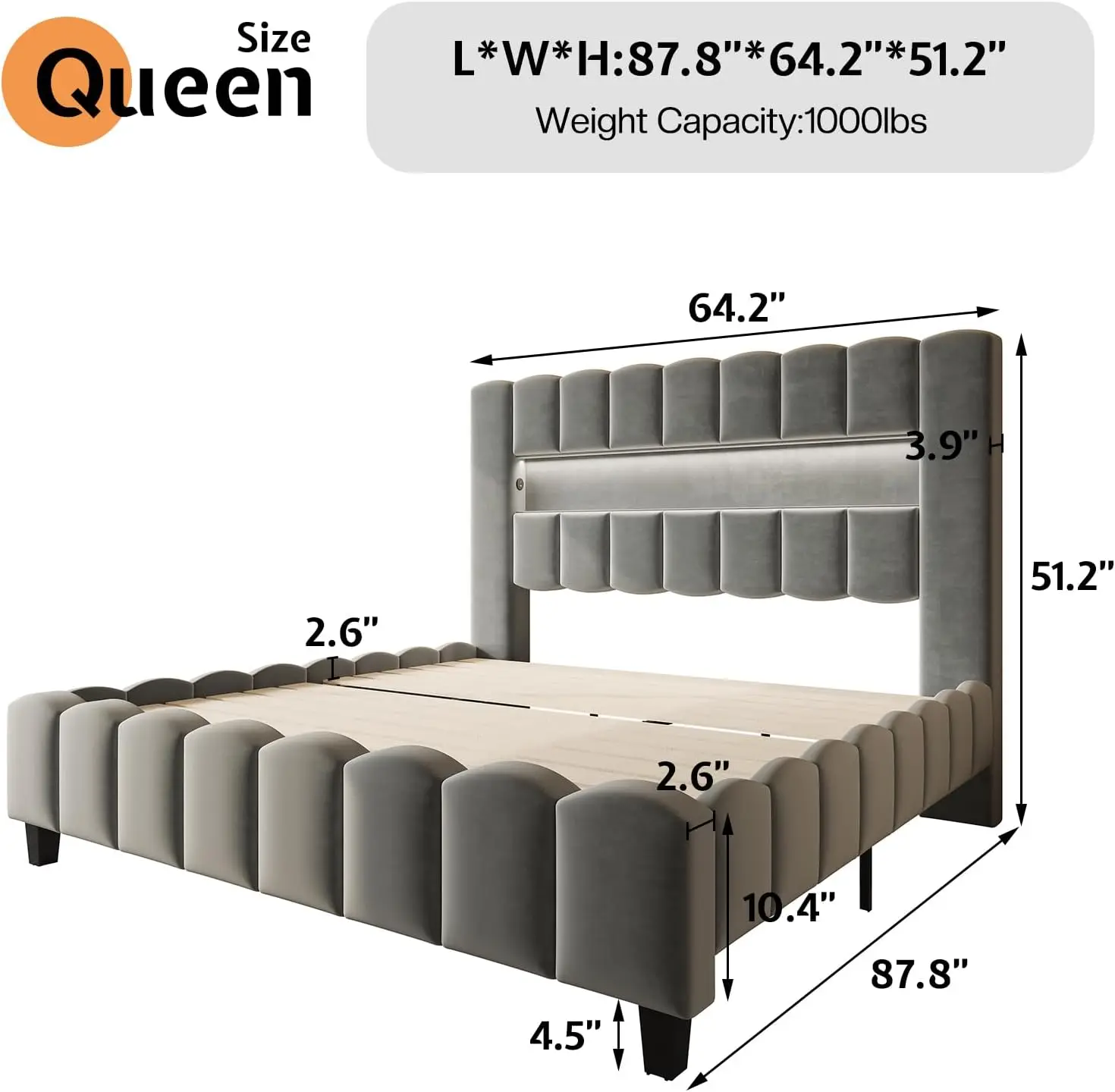 Queen Bed Frame with LED Lights, Velvet Upholstered Platform Bed Frame with Charging Station and 51.2