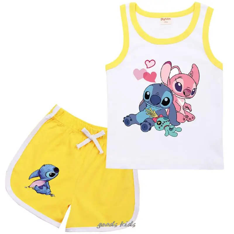 Children Lilo And Stitch Tracksuit Summer Kids Clothes Boy Sleeveless Tops + Shorts Suit Fashion Girls Vest 1-15 Year Old