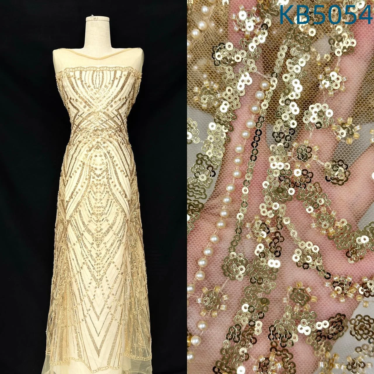

Luxury Laces On Sale 5 Yards Dubai Gold Beaded Fabric Sequins Tulle Lace Embroidered Fabrics For Wedding Dresses Sewing KB5054