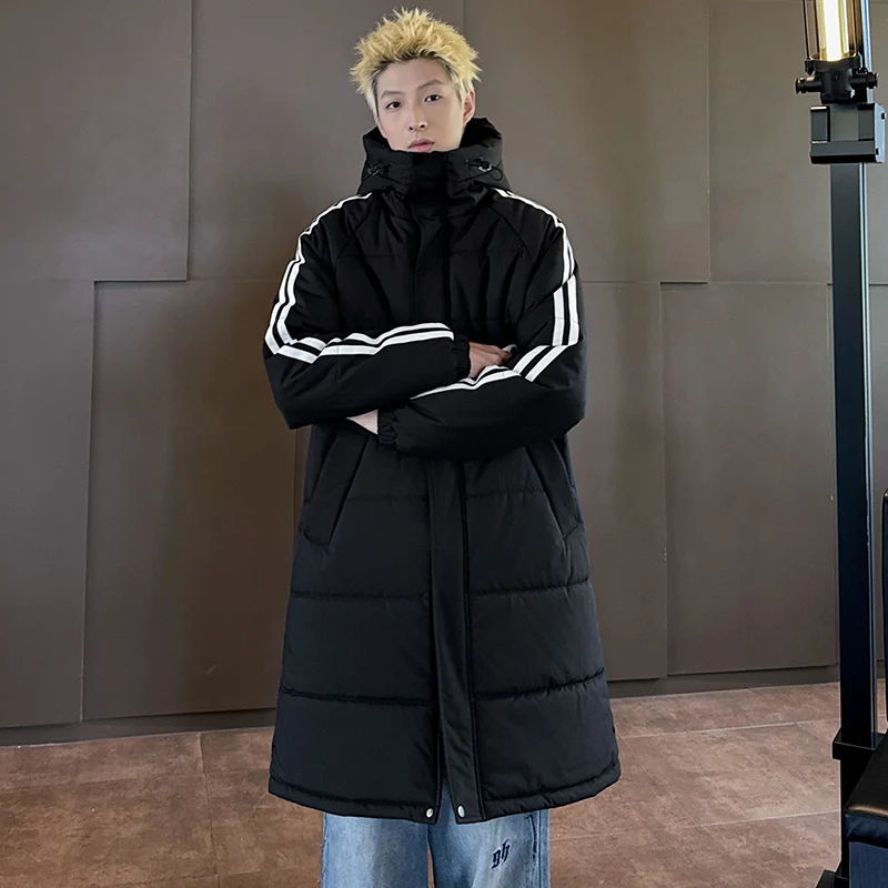 

Thiened Cotton Jaet Hooded Men's Mid-Length Winter Coat Warm Polyester Fiber Zipper Closure Casual Stripe Pattern