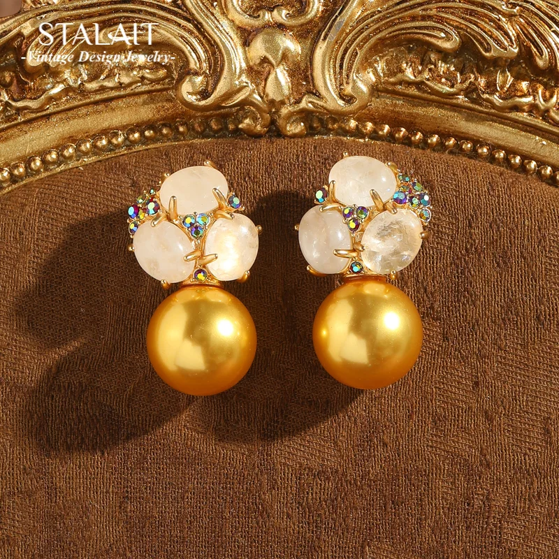 

Vintage Champagne Pearl Stud Earrings Luxury Designer Jewelry Pink Rose Quartz Three Leaf Accessories For Women Trends 2025