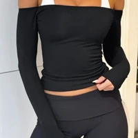 Women's Sporty Basic Off-Shoulder Top Casual Slim Fit Long Sleeve T-Shirt Stylish Solid Color for Fall - Image 6