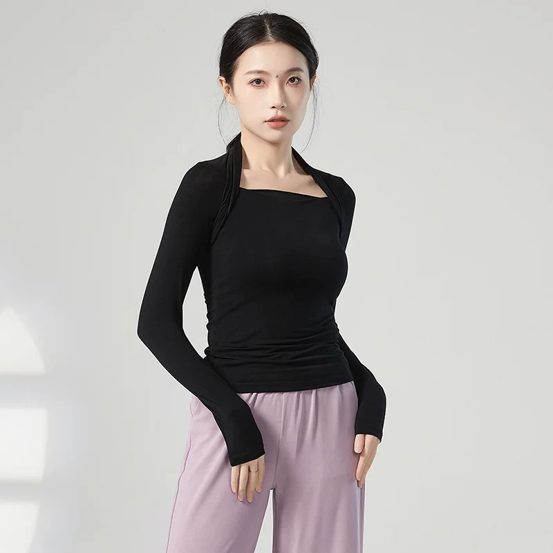 Womens Long Sleeve Workout Tops Ballet Classical Dance Yoga Atheltic Shirt Slim Fitted Modal Tee Fake 2 Piece Square Neck Bolero