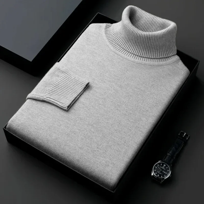 New Men's High Neck Sweater Solid Color Pullover Knitted Warm Casual Turtleneck Sweatwear High Quality Winter Outdoor Sweaters