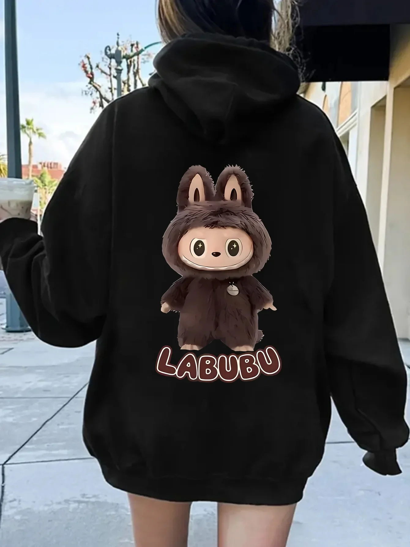 Labubu Cartoon Print Hoodie for Women Casual Polyester Pullover with Slight Stretch Alphabet Pattern Hooded Sweatshirt