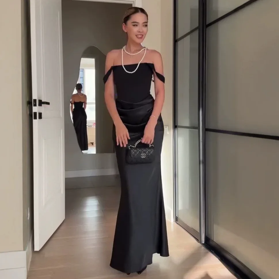 Shoulder Pad Cutout Stand Collar Womens Satin Mermaid Maxi Dress Ruched Bodycon Elegant Formal Evening Gown for Wedding Prom