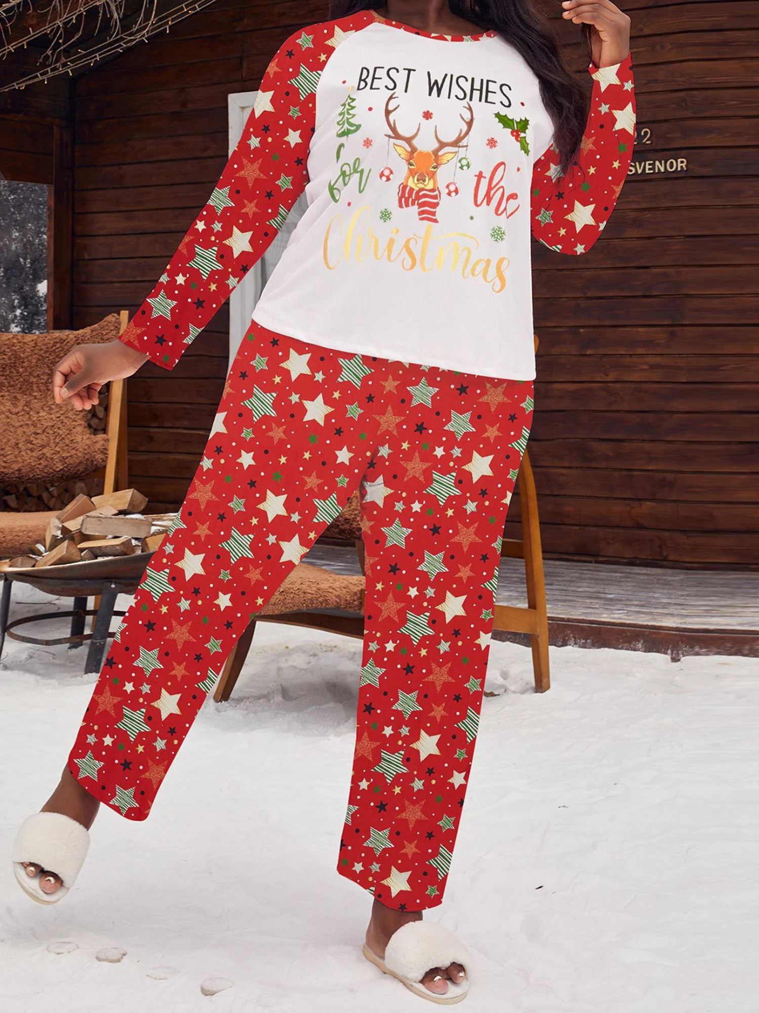 Ensemble pyjama de noël grande taille pour femmes, avec haut à manches longues imprimé flocon de neige et pantalon assorti pour tenue de nuit festive