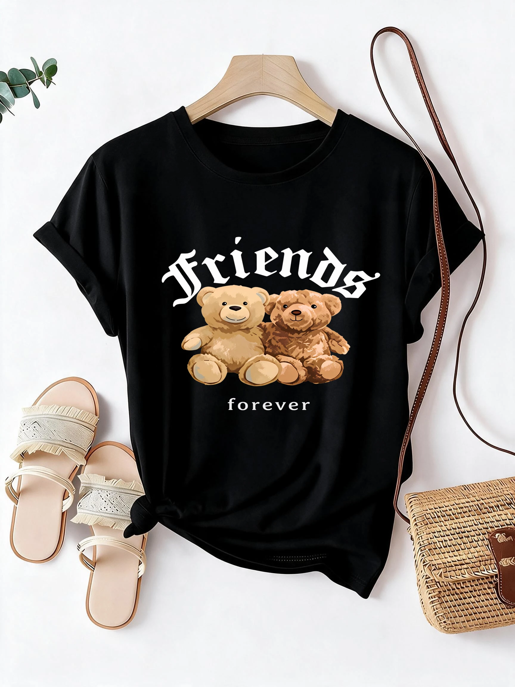 Friends Forever Short Sleeve T Shirt Women's Graphic Crew Neck Tops with Two Little Bears Print Outfit 90s T-shirt Female Gift