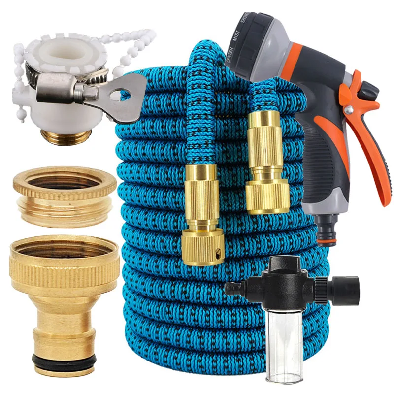 Magic Expandable Water Hose Set, Multi‑Function Spray Gun With Foam Bottle, Brass Connectors, Retractable Flexible Garden Hose F