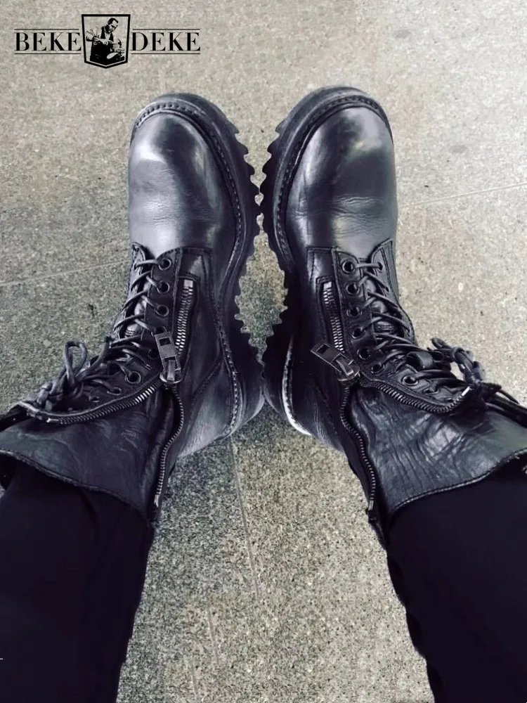 Gothic Mens Punk Motorcycle High Top Shoes Cowhide Genuine Leather Designer Boots Handmade Vintage Cargo Short Boots Size 45 46