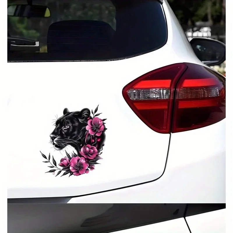 Pink Flower Panther Vinyl Decal 1PC, Artistic Waterproof Sticker for Car, Motorcycle, Laptop, Helmet & Multi-Surface Decor