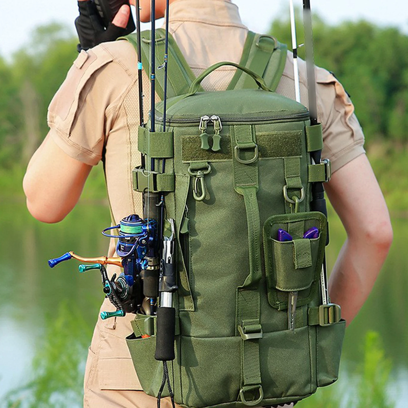 

Сумка для удочек, рюкзак для хранения рыболовных снастей, рюкзак для рыболовных принадлежностей с держателем для удочек для путешествий, охоты, велоспорта