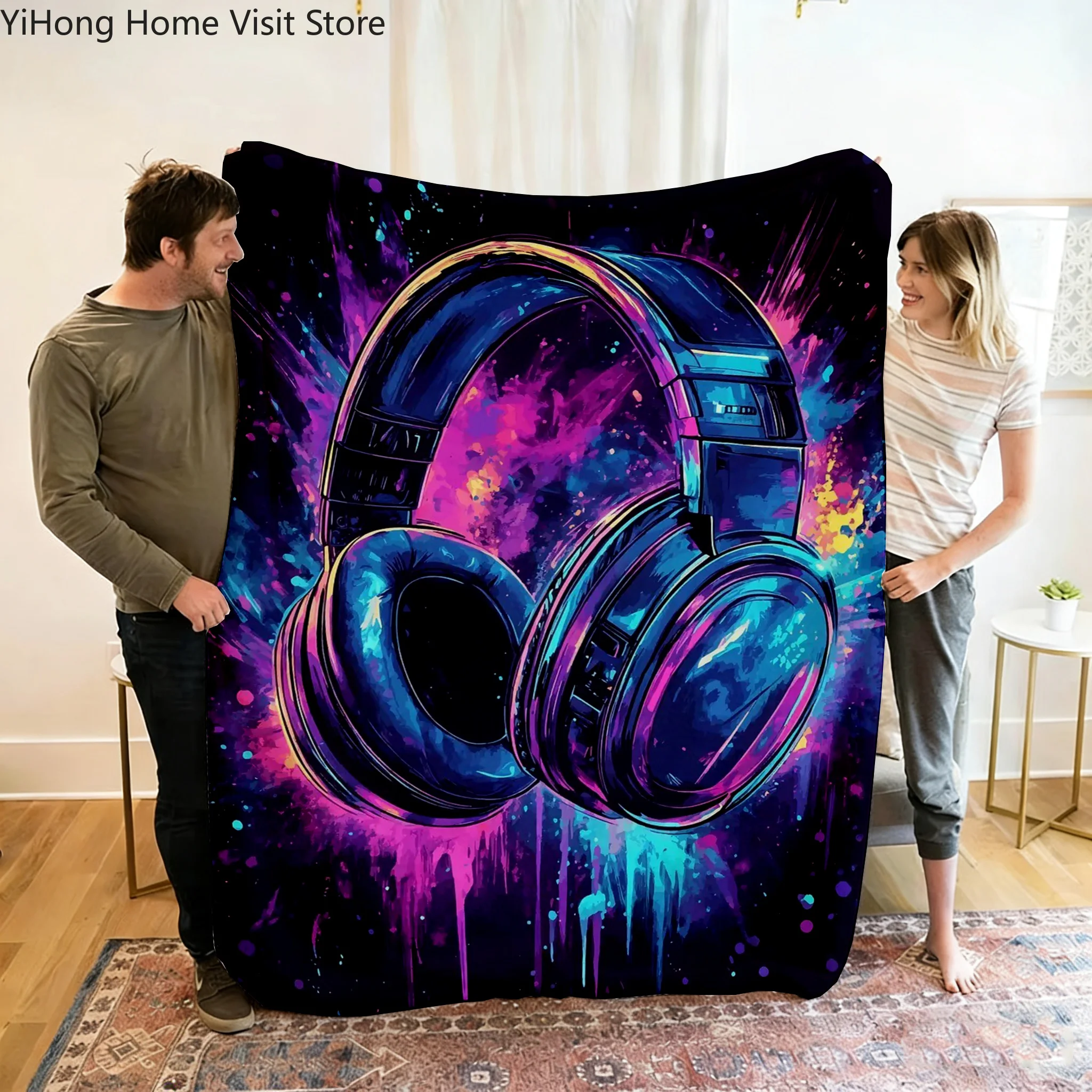 Live Music Neon Headphones Printed Flannel Blanket Perfect for Sofa Office Bed Travel Sleep Read Relax Camping four season use