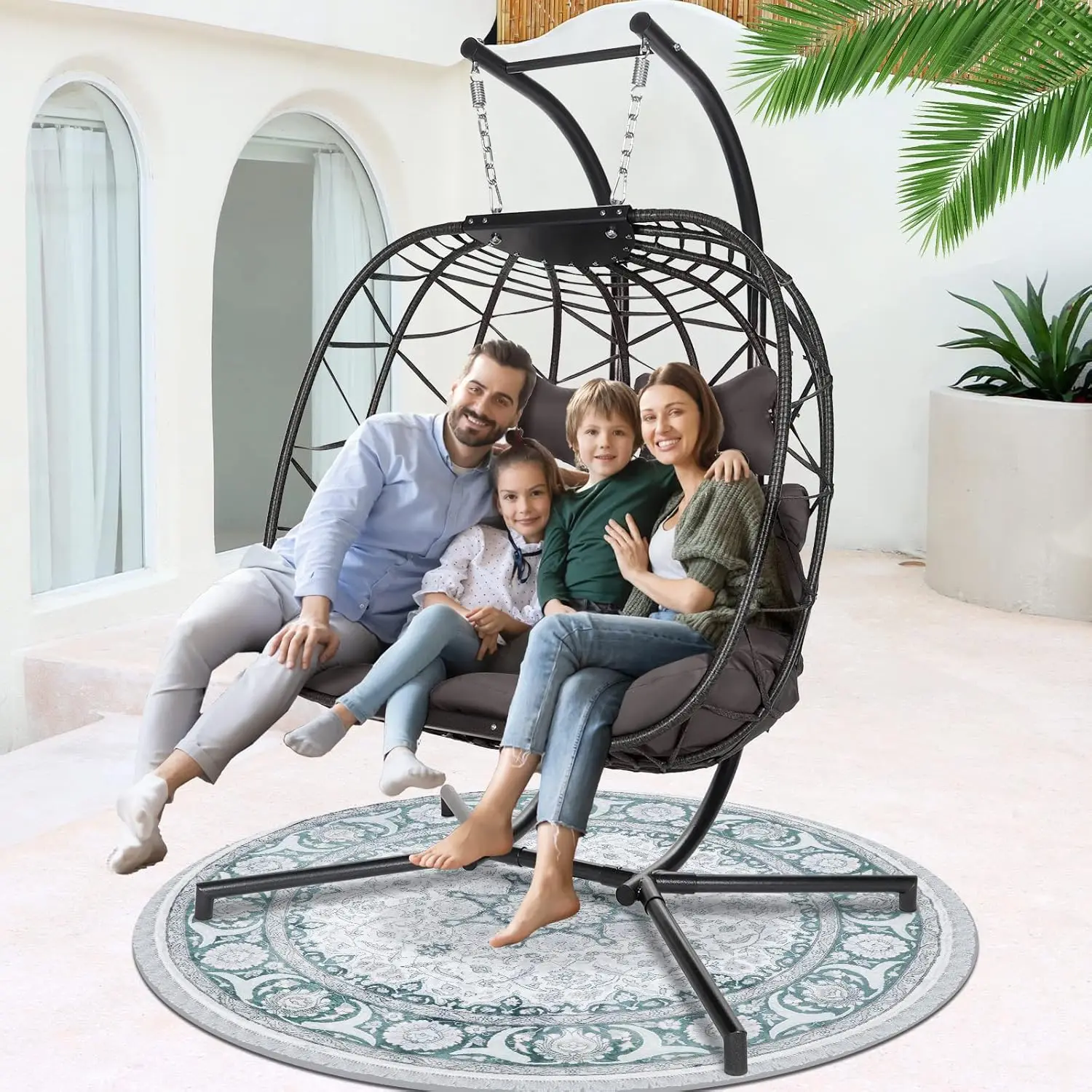 Double Egg Swing Chair with Stand Indoor Oversized Egg Chair Gray Cushion 2 Person Swing Outdoor Large Hanging Chair