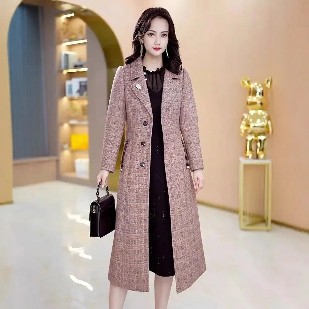 Dámský vlněný kabát s tartanovou délkou po kolena, podzimní a zimní, nový módní zeštíhlující midi kabát, ležérní styl, pohodlná polyesterová tkanina - náhled 5