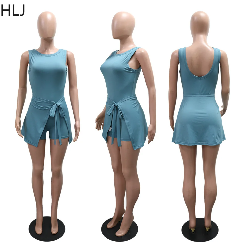 HLJ Fashion Sports Bodycon Rompers Women Solid Color Sleeveless Two Piece Small Apron Set Female Streetwear Overalls 2025 New