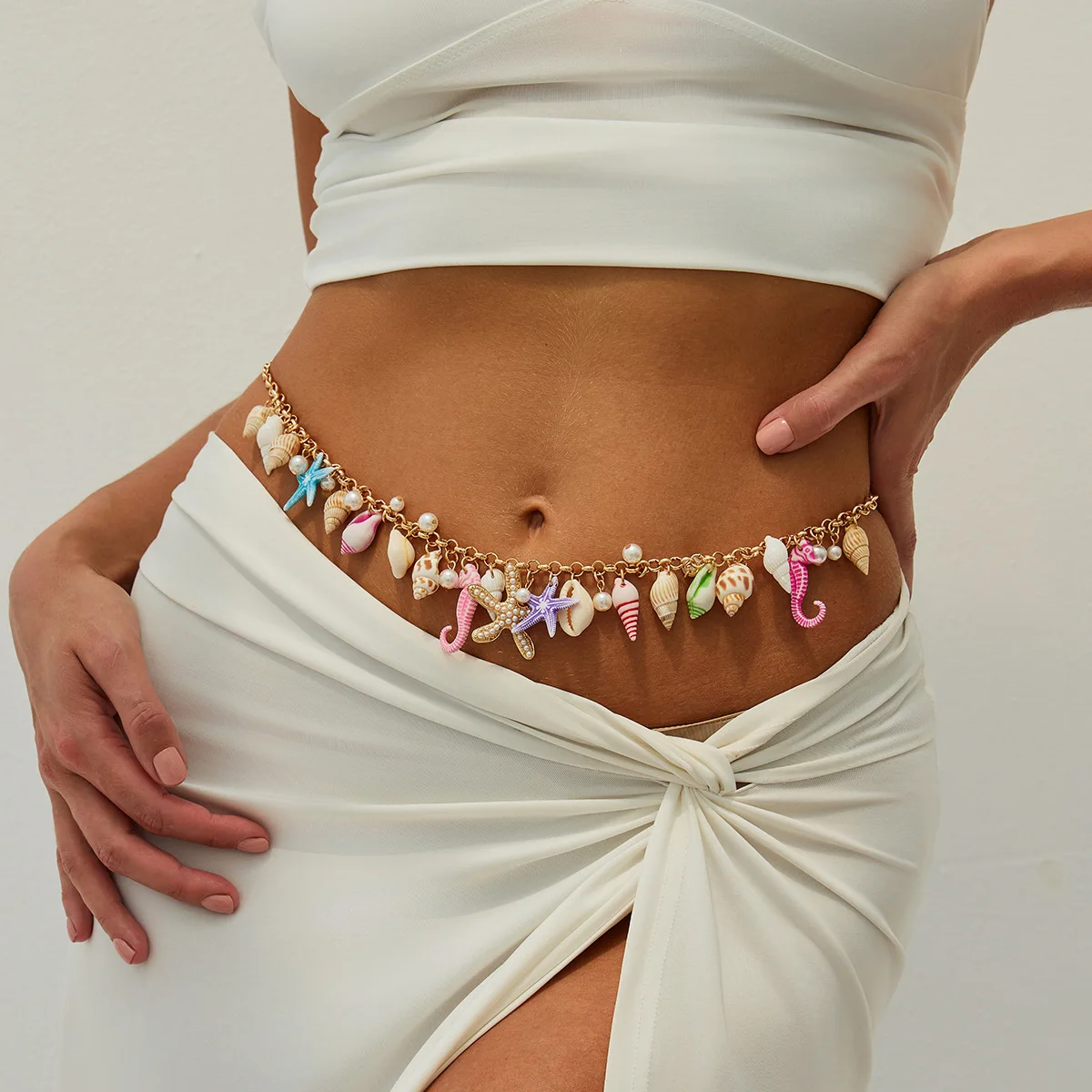 

Waist Chain Bohemian Summer Beach Shell Starfish Conch Faux Pearl Pendant Colorful Lightweight Adjustable Alloy Summer