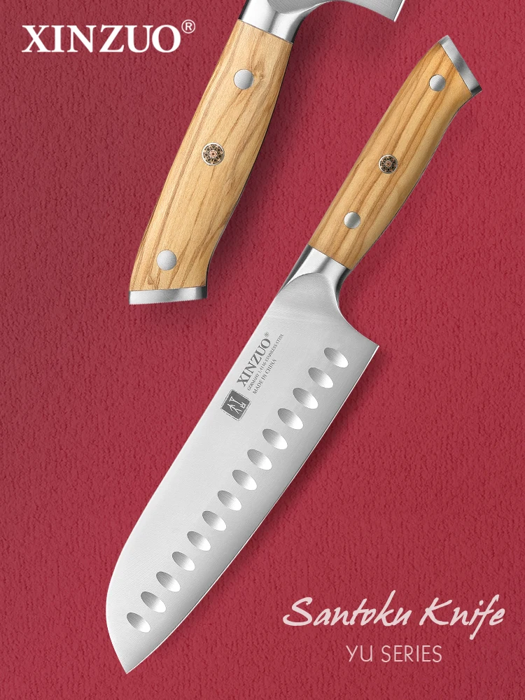 Nóż Santoku XINZUO 7.1'' wysokiej jakości, stal niemiecka 1.4116, rękojeść z wysokiej jakości drewna oliwnego, idealny do owoców i miękkich potraw. — 2