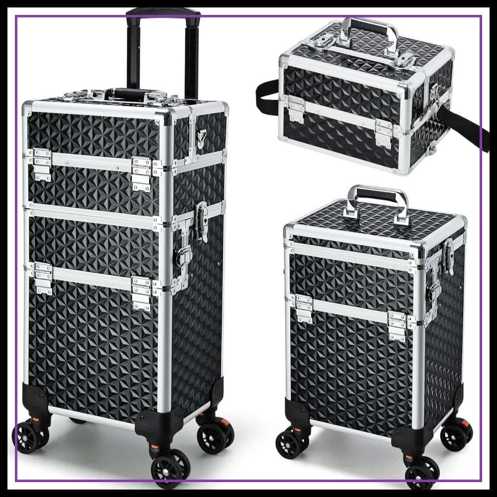 

Professional 3 in 1 Makeup Train Case on Wheels, Large Cosmetic Trolley for Salon Barber Traveling, Black
