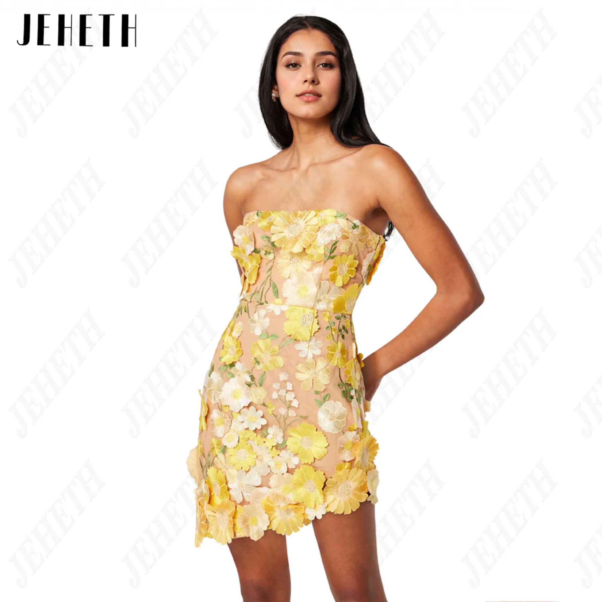 JEHETH 3D Flowers Mini Prom Dress Sleeveless Mermaid Embroidery Strapless Vestidos De Festa Floral Print Short Party Gowns 2024